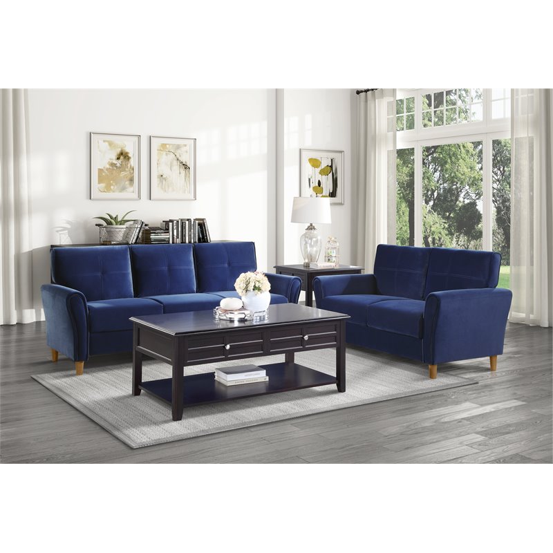 Lexicon Dunleith Tufted Velvet Upholstered Loveseat in Blue and Walnut
