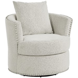 lexicon contemporary wood swivel chair in beige chenille
