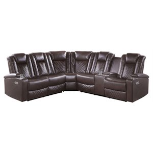lexicon modern faux leather reclining sectional with power headrests in brown