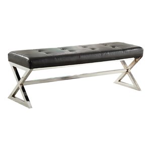 lexicon rory button tufted & x-frame modern metal & faux leather bench in black