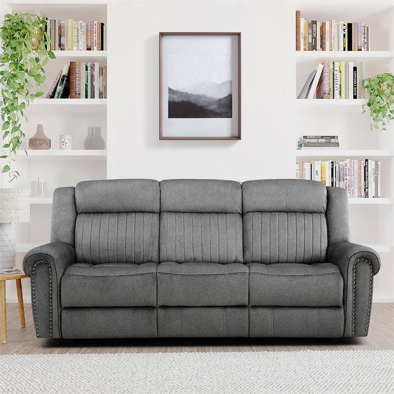 Lexicon Brennen Wood & Microfiber Power Double Reclining Sofa in Charcoal