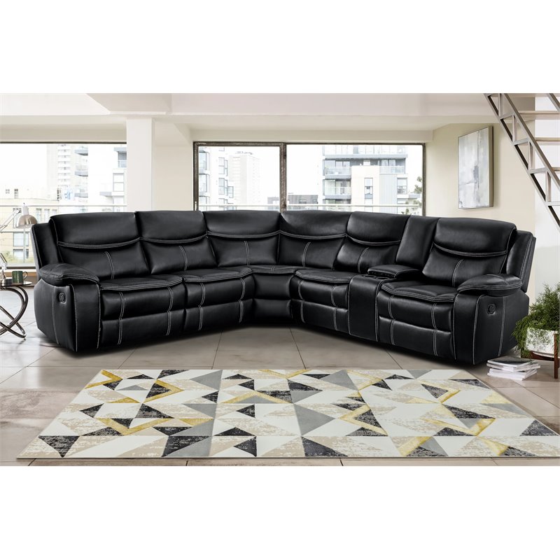 Lexicon Bastrop 3-Piece Traditional Wood & Faux Leather Sectional Set in Black