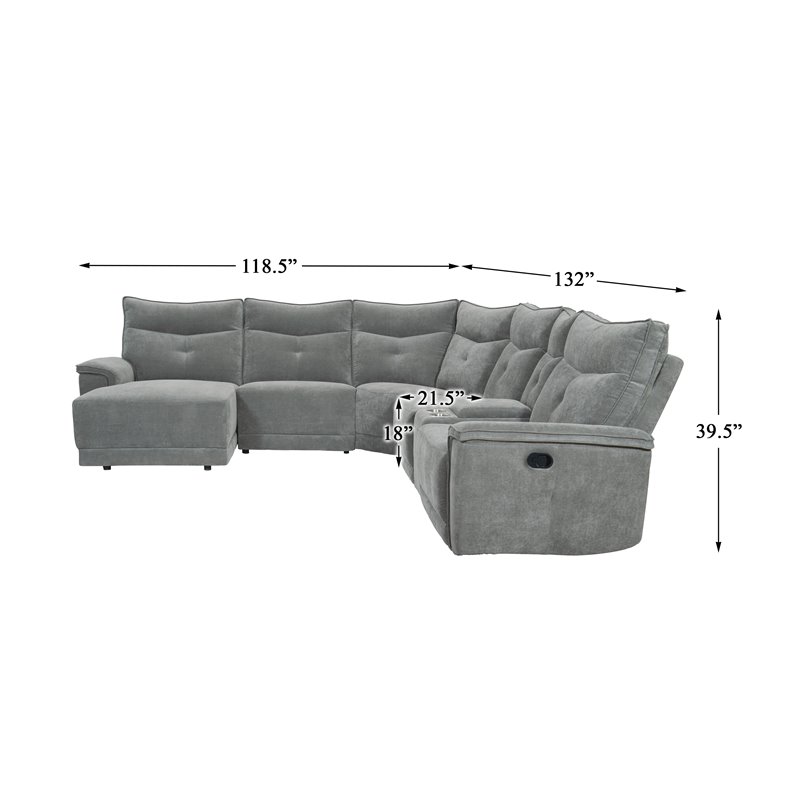 Lexicon Tesoro 6-Piece 1 Recliner Wood & Fabric Sectional Set in Dark Gray