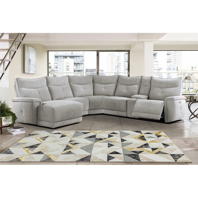 Lexicon Tesoro 6-Piece 1 Recliner Wood & Fabric Sectional Set in Mist Gray