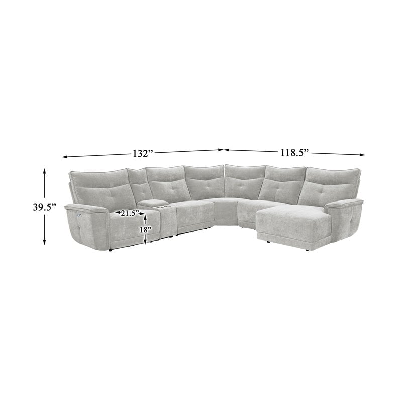 Lexicon Tesoro 6-Piece 2 Recliner Wood & Fabric Power Sectional Set in Mist Gray