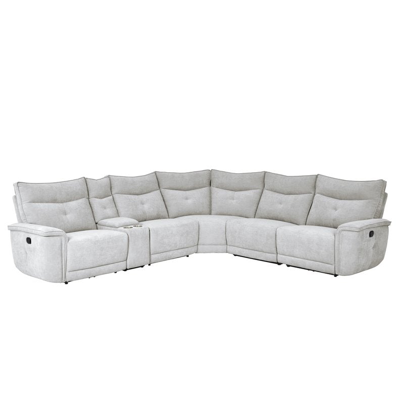 Lexicon Tesoro 6-Piece 3 Recliner Wood & Fabric Sectional Set in Mist Gray