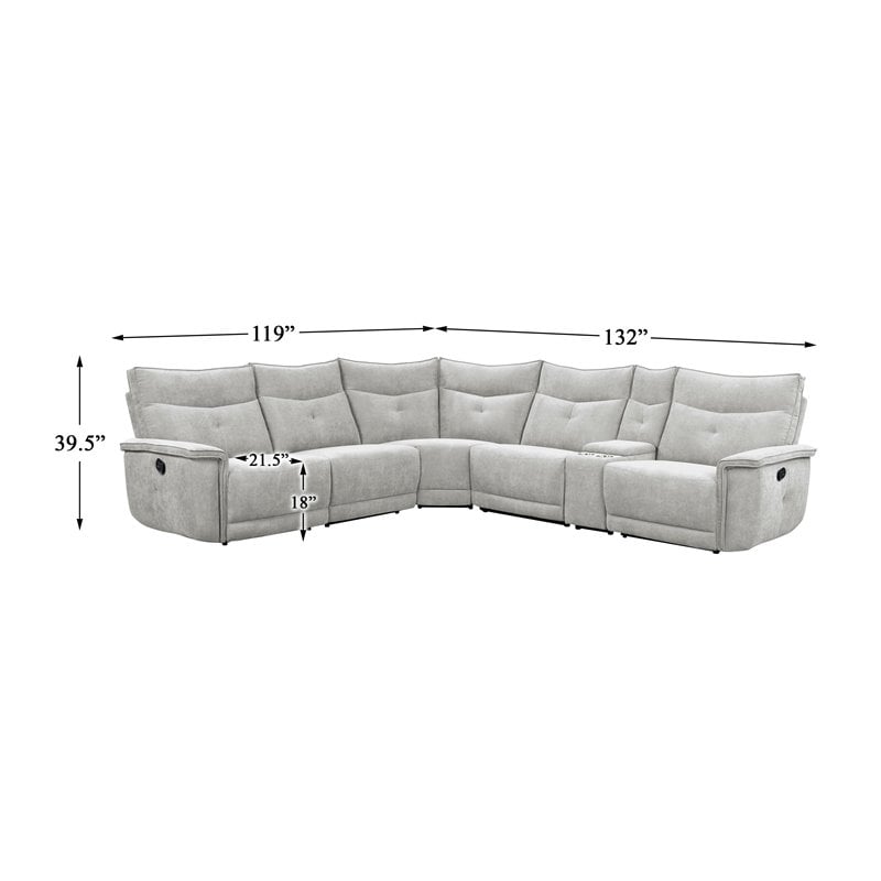 Lexicon Tesoro 6-Piece 3 Recliner Wood & Fabric Sectional Set in Mist Gray