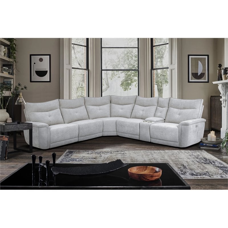 Lexicon Tesoro 6-Piece 3 Recliner Wood & Fabric Power Sectional Set in Mist Gray