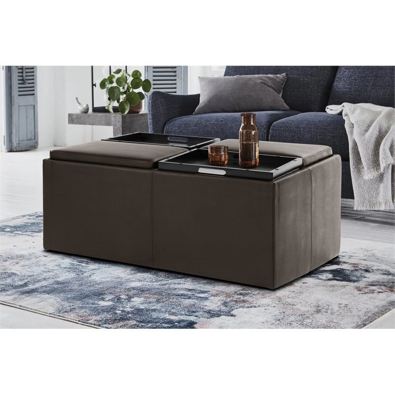 Lexicon Kaitlyn Wood & Faux Leather Storage Cocktail Ottoman in Dark Brown