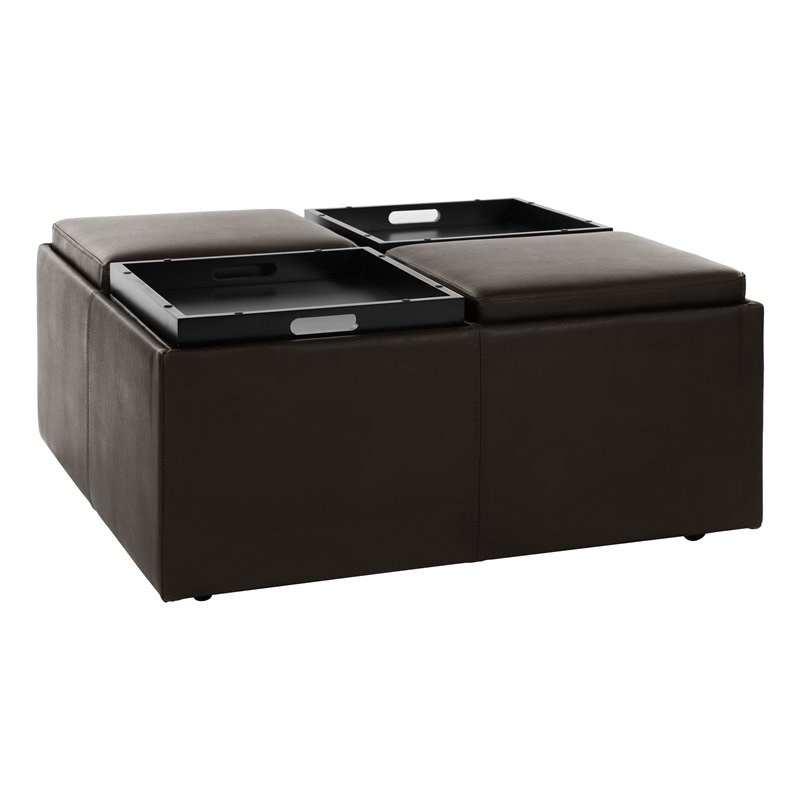 Lexicon Kaitlyn Wood & Faux Leather Storage Cocktail Ottoman in Dark Brown