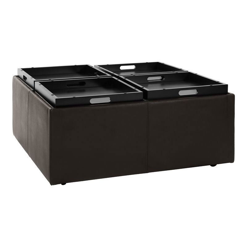 Lexicon Kaitlyn Wood & Faux Leather Storage Cocktail Ottoman in Dark Brown