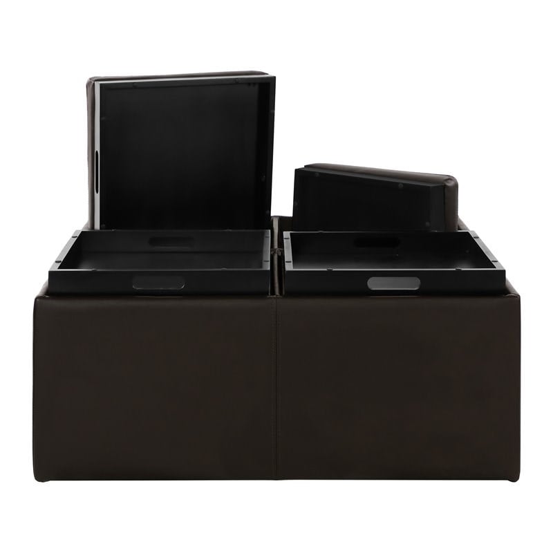 Lexicon Kaitlyn Wood & Faux Leather Storage Cocktail Ottoman in Dark Brown