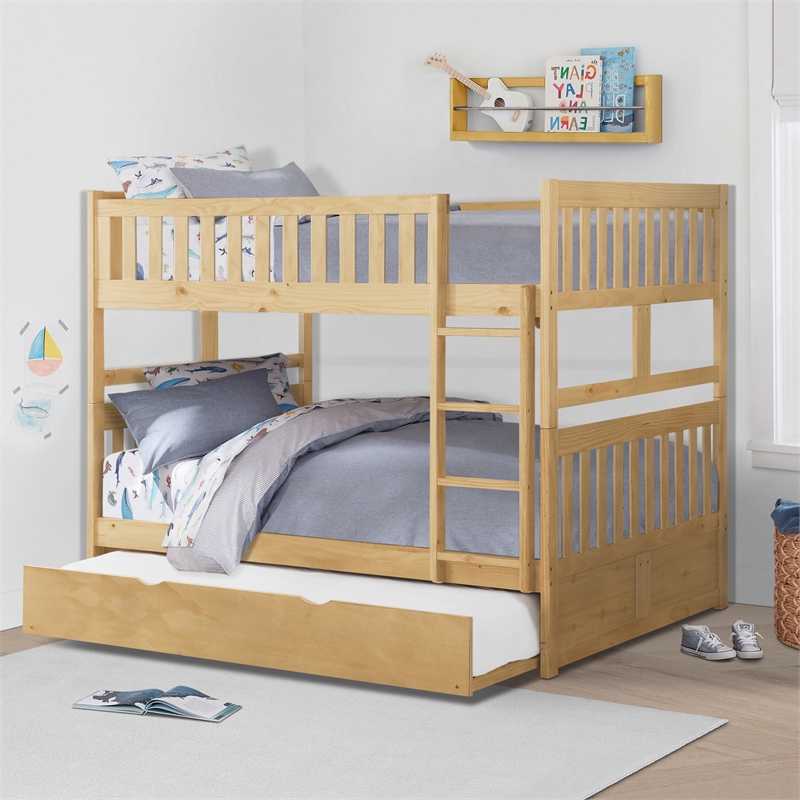 Lexicon Bartly Pine Wood Full/Full Bunk Bed with Twin Trundle in Natural Pine
