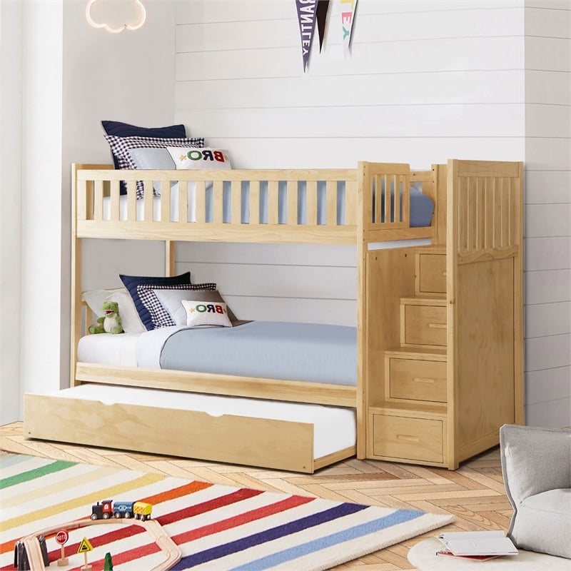 Lexicon Bartly Pine Twin Step Bunk Bed with Trundle in Natural Pine