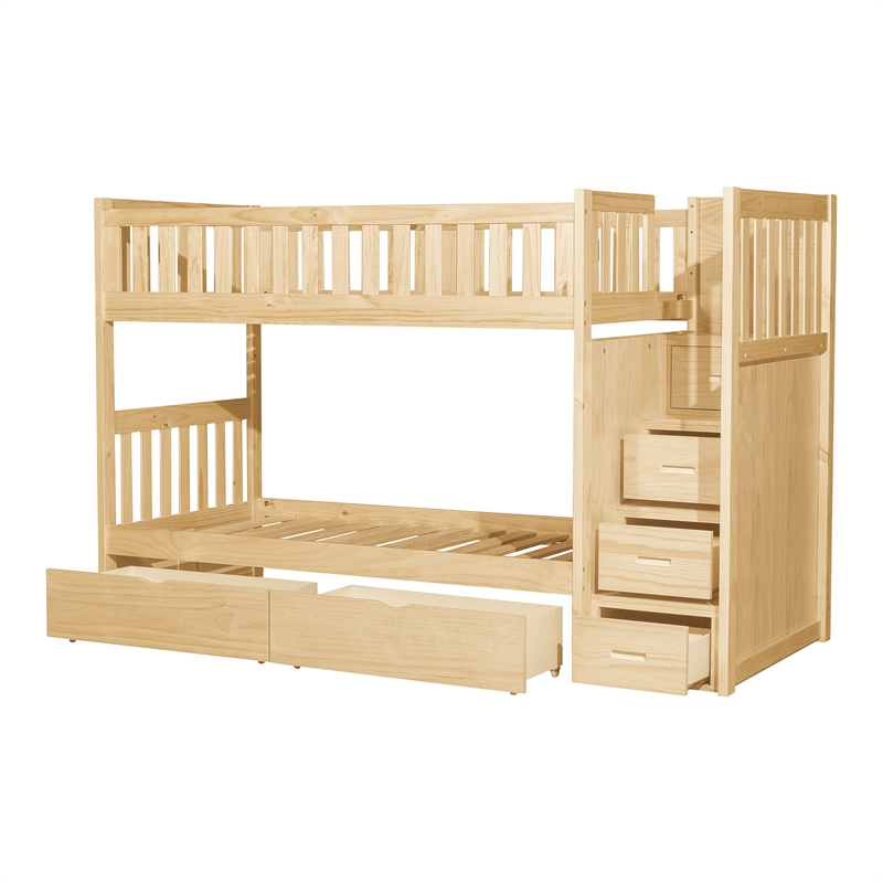 Lexicon Bartly Pine Twin/Twin Step Bunk Bed with Storage Boxes in Natural Pine