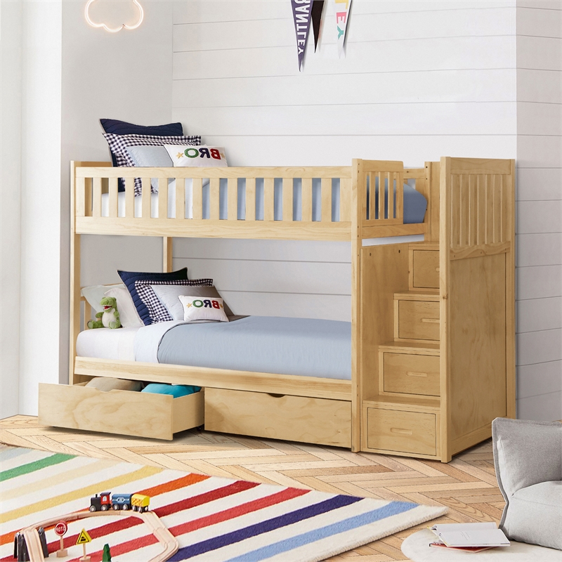Lexicon Bartly Pine Twin/Twin Step Bunk Bed with Storage Boxes in Natural Pine