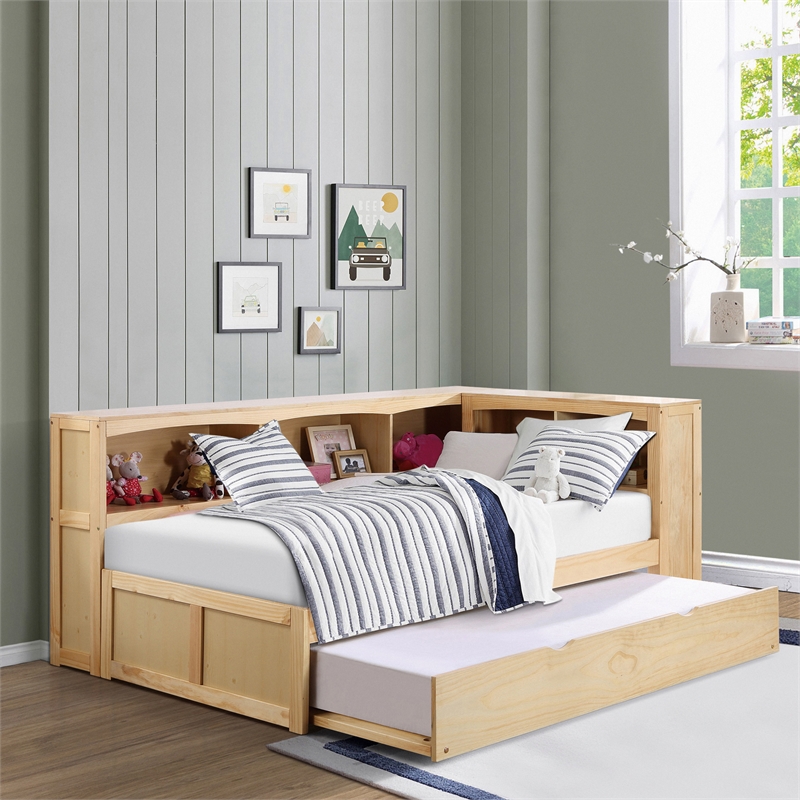 Lexicon Contemporary Twin Bookcase Corner Bed with Twin Trundle in Natural Pine