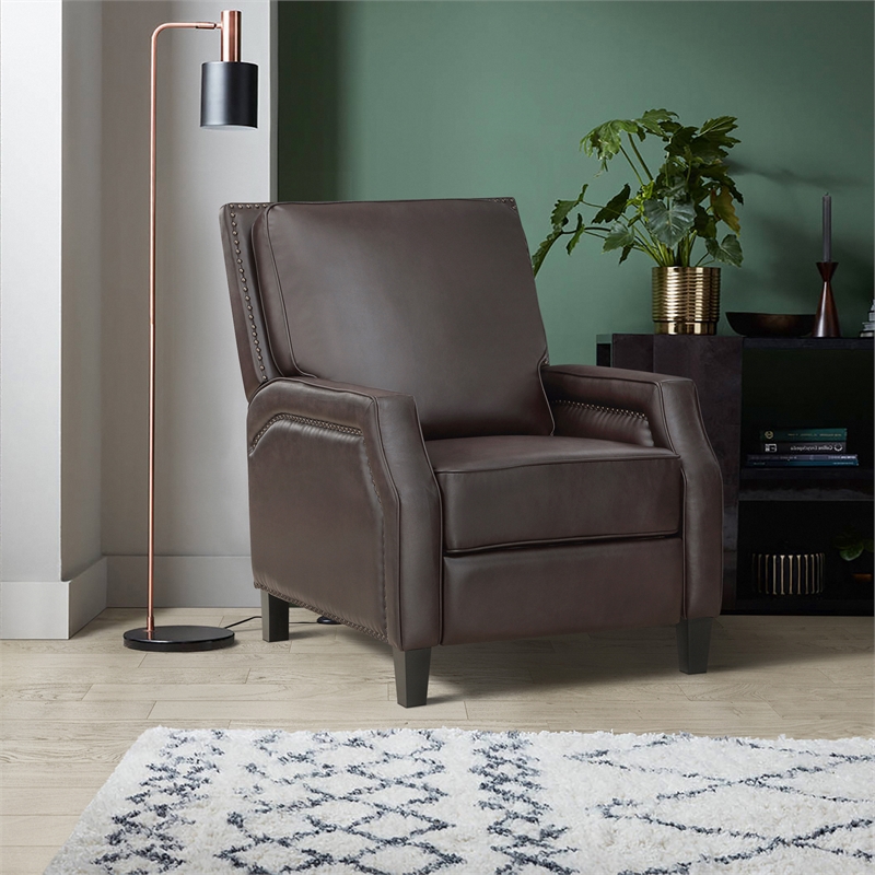 Lexicon Berenson Faux Leather Upholstered Push Back Recliner in Dark Brown Color