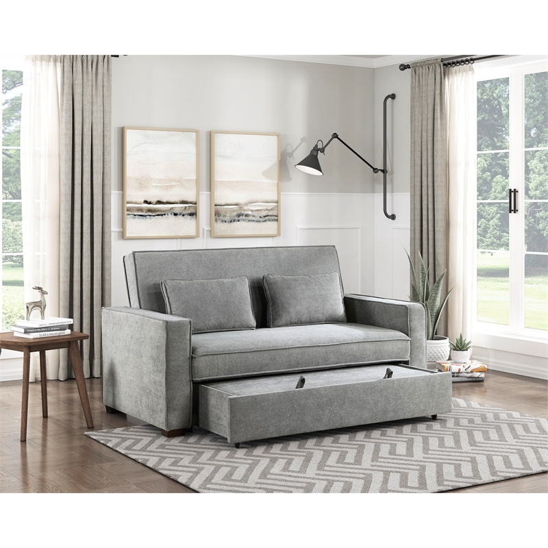 Lexicon Alta Fabric Upholstered Convertible Sofa with Pull Out Bed in Gray Color
