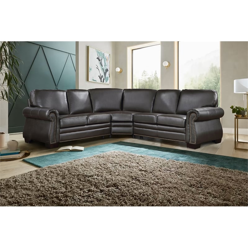 Lexicon Wareham 3-Piece Traditional Plywood and Leather Sectional in Brown