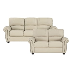 Lexicon Foxborough Leather 2-Piece Upholstered Sofa Set in Cream