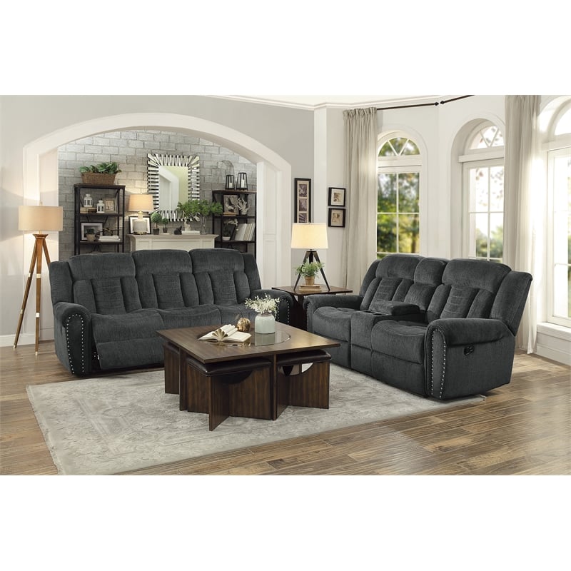 Lexicon Nutmeg Chenille Upholstered Double Reclining Sofa in Charcoal Gray