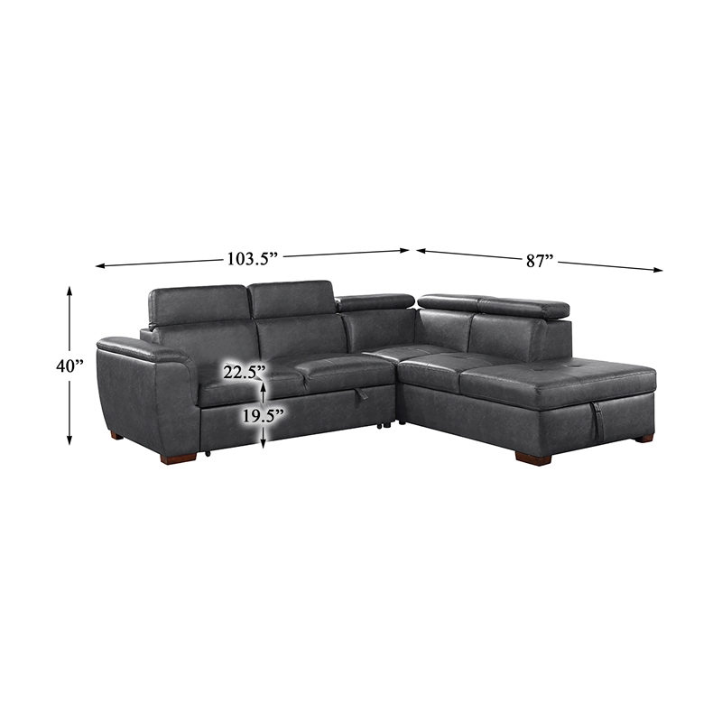 Lexicon Barre 2-Piece Faux Leather Sectional with Pull-Out Bed in Gray