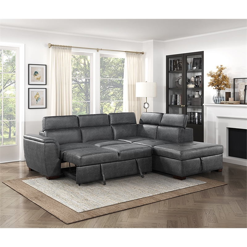 Lexicon Barre 2-Piece Faux Leather Sectional with Pull-Out Bed in Gray