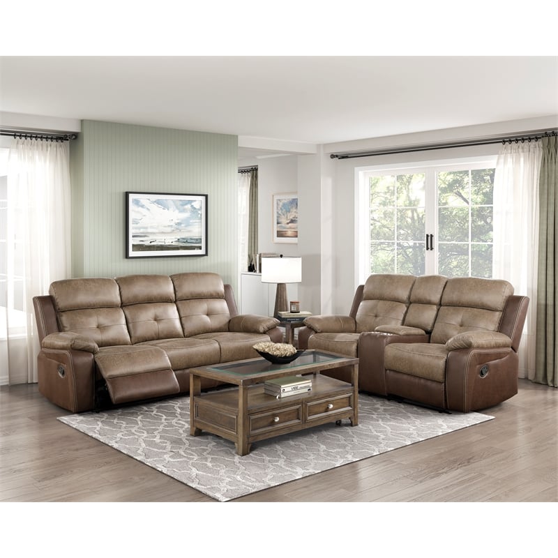 Lexicon Glendale Polished Microfiber Double Manual Reclining Sofa in Brown