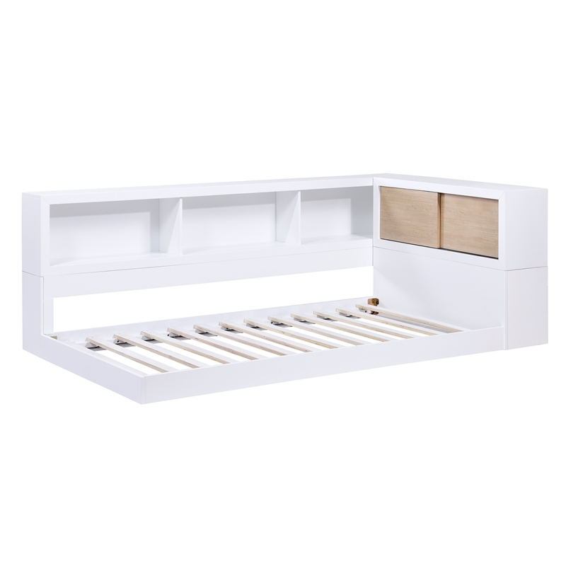 Lexicon Asker Wood Twin Bookcase Corner Bed in 2-Tone Finish (White and Natural)