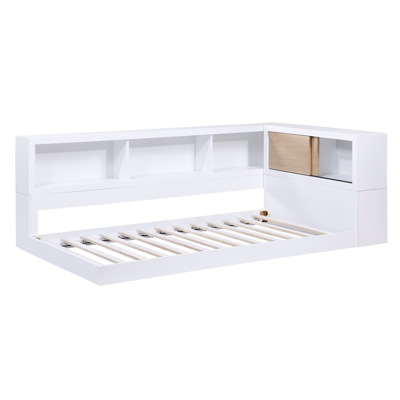 Lexicon Asker Wood Twin Bookcase Corner Bed in 2-Tone Finish (White and Natural)