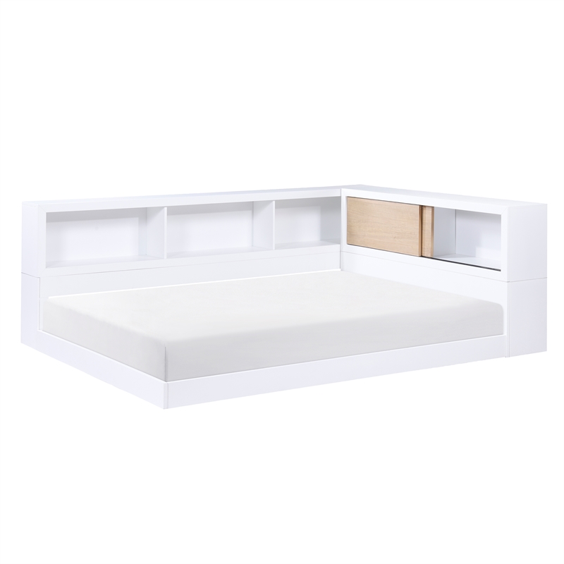 Lexicon Asker Wood Full Bookcase Corner Bed in 2-Tone Finish (White and Natural)