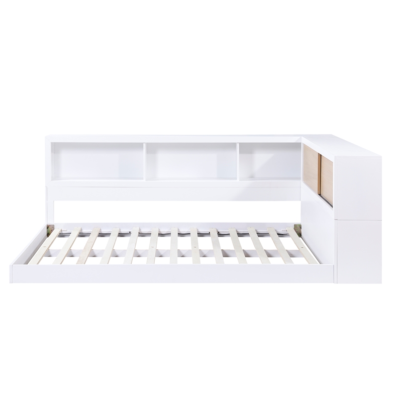 Lexicon Asker Wood Full Bookcase Corner Bed in 2-Tone Finish (White and Natural)