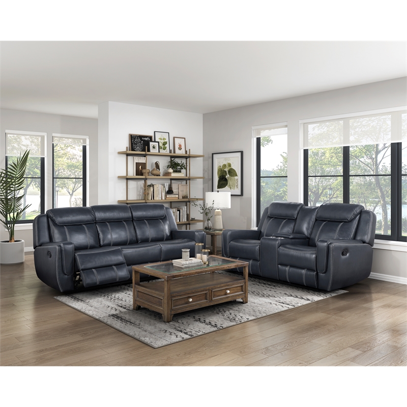 Lexicon Littleton Upholstered Faux Leather Double Reclining Loveseat in Blue