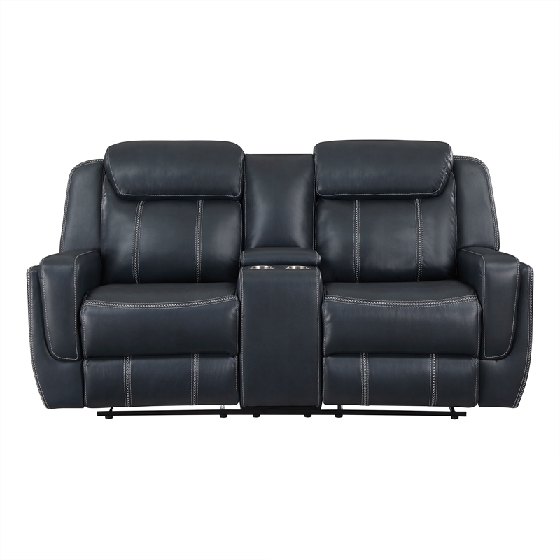 Lexicon Littleton Upholstered Faux Leather Double Reclining Loveseat in Blue