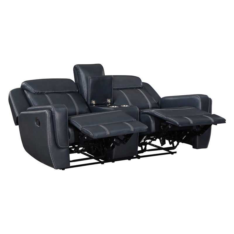 Lexicon Littleton Upholstered Faux Leather Double Reclining Loveseat in Blue