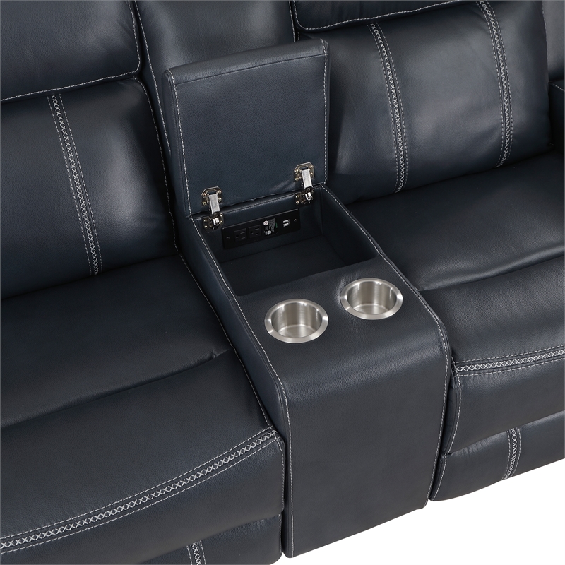 Lexicon Littleton Upholstered Faux Leather Double Reclining Loveseat in Blue