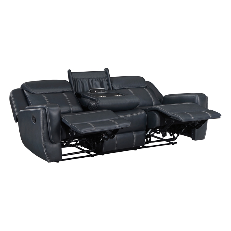 Lexicon Littleton Faux Leather Double Reclining Sofa in Blue