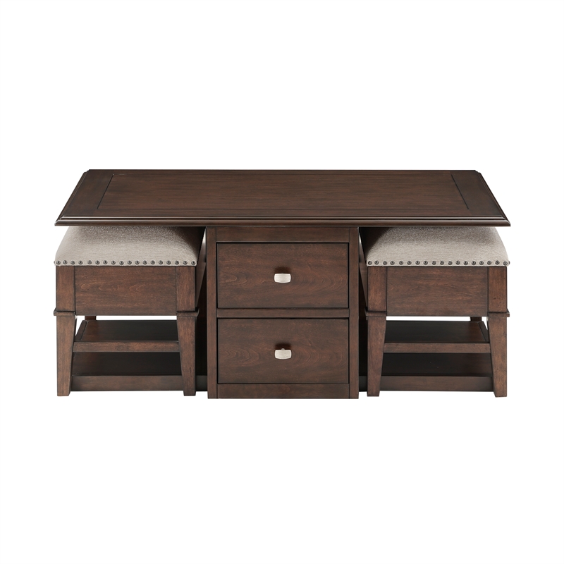 Lexicon Claremore Wood & Fabric Cocktail Table with 2 Storage Ottomans in Brown