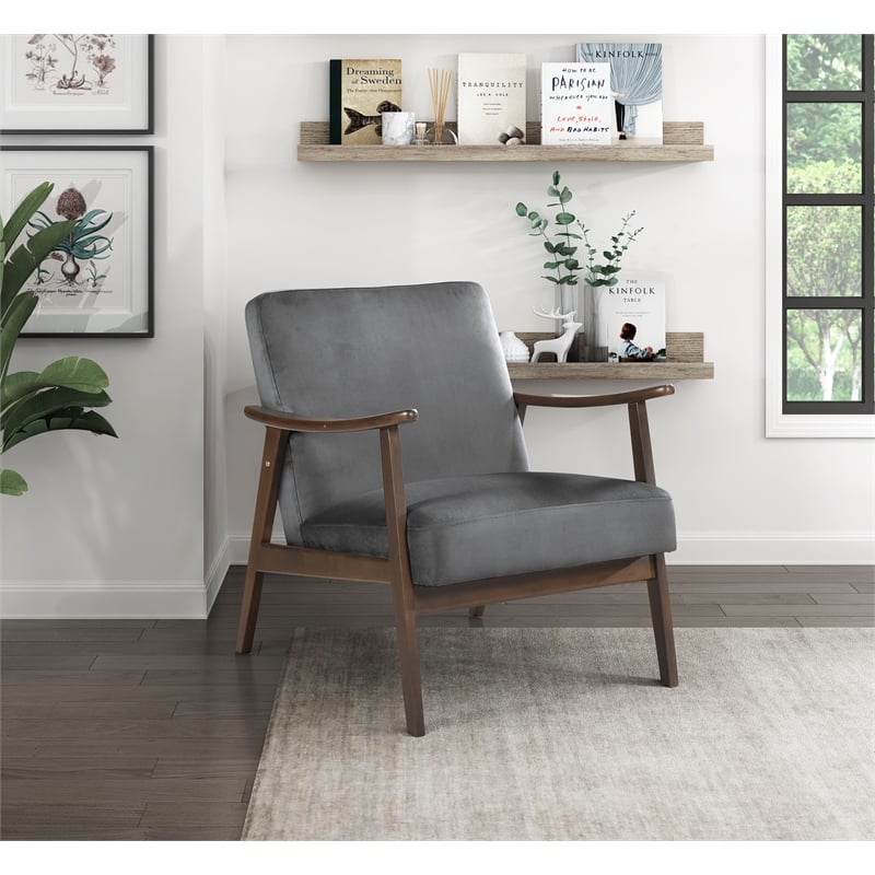 Lexicon Landers Wood and Velvet Accent Chair in Dark Grey
