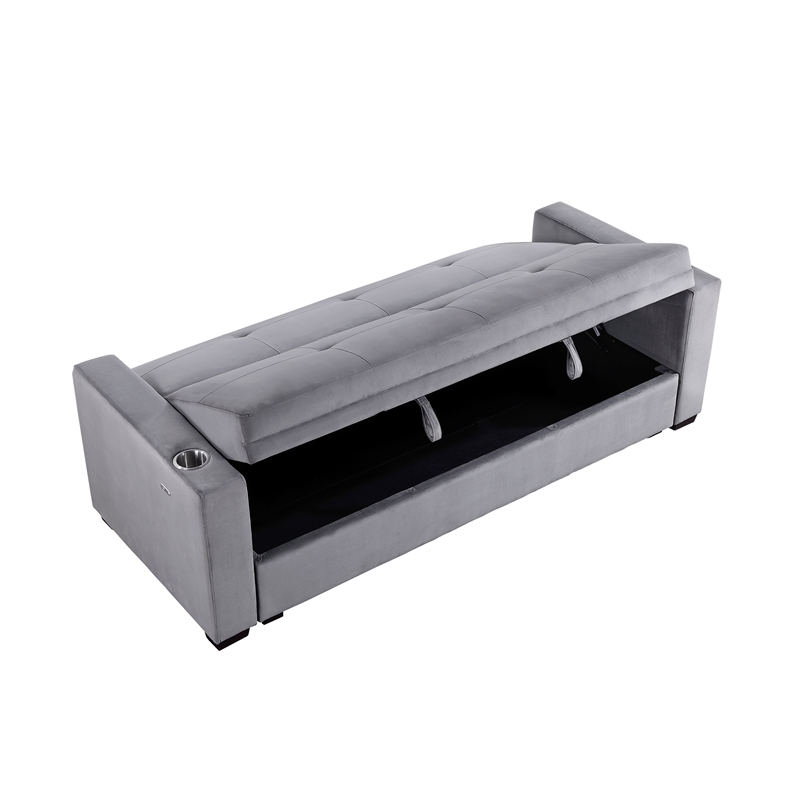 Lexicon Grady Velvet Convertible Sofa with Hidden Storage and Cup Holders
