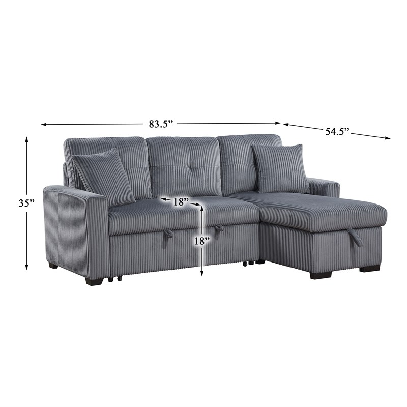 Lexicon Rhett 3-Piece Corduroy Reversible Sectional in Dark Gray