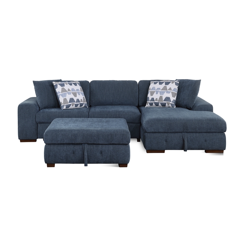 Lexicon Raife 3-Piece Chenille Sectional with Right Chaise and Ottoman in Blue