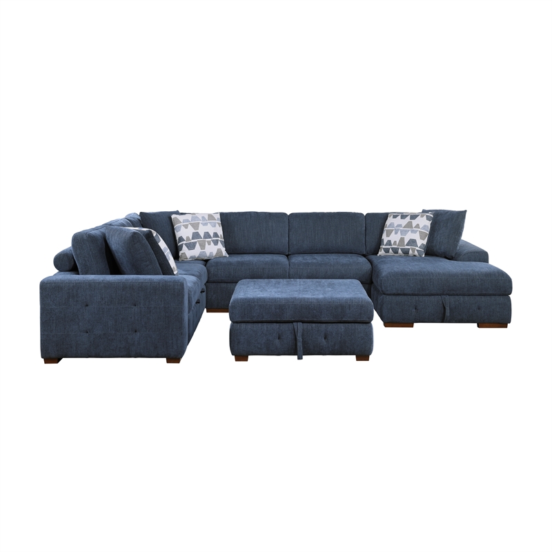 Lexicon Raife 4-Piece Chenille Sectional with Right Chaise and Ottoman in Blue