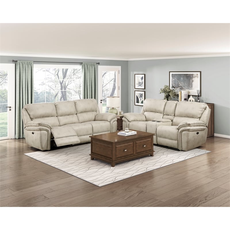 Lexicon Proctor Microfiber Pwr Dbl Reclining Love Seat w/ Center Console in Sand
