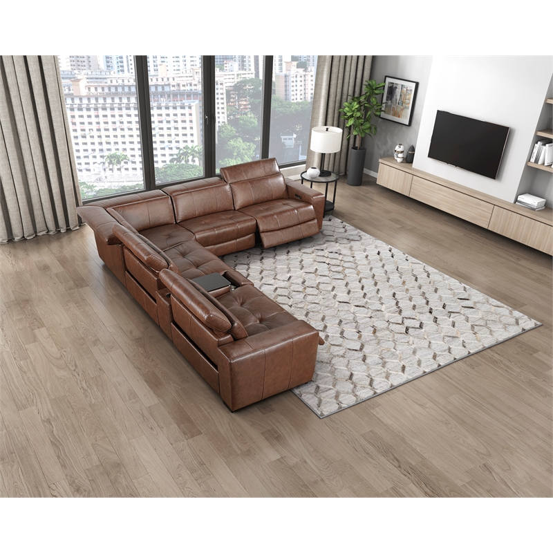 Lexicon Sutton Leather 6-Piece Modular Power Reclining Sectional in Brown