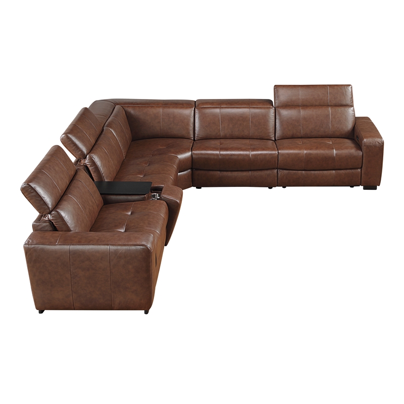 Lexicon Sutton Leather 6-Piece Modular Power Reclining Sectional in Brown