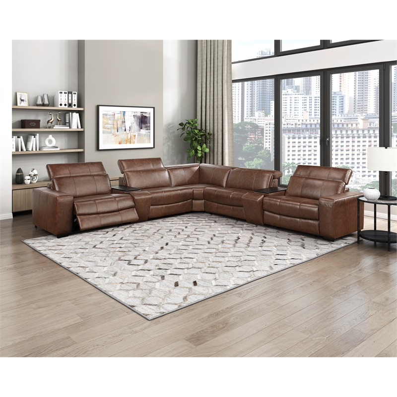 Lexicon Sutton Leather 7-Piece Modular Power Reclining Sectional in Brown
