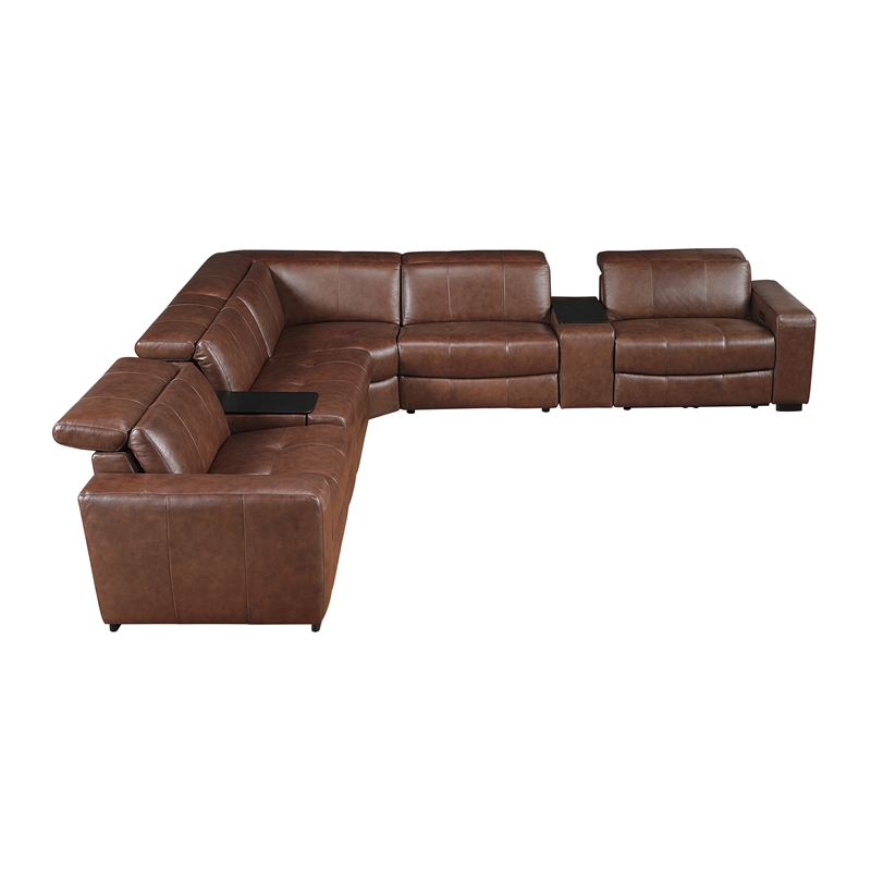 Lexicon Sutton Leather 7-Piece Modular Power Reclining Sectional in Brown