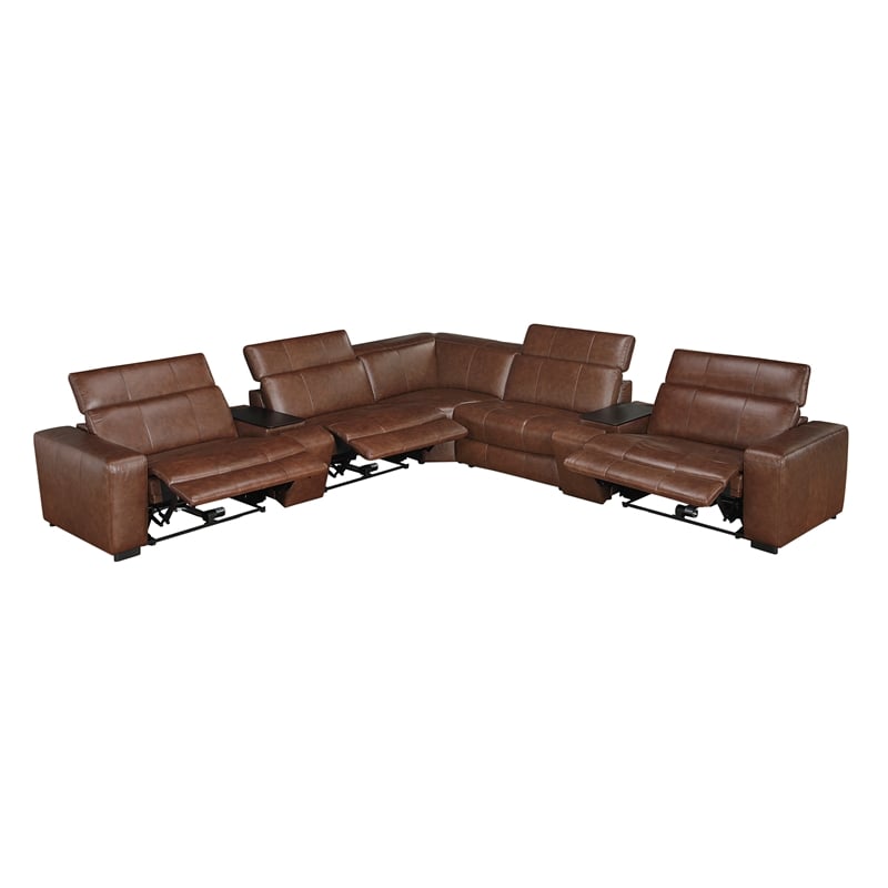 Lexicon Sutton Leather 7-Piece Modular Power Reclining Sectional in Brown